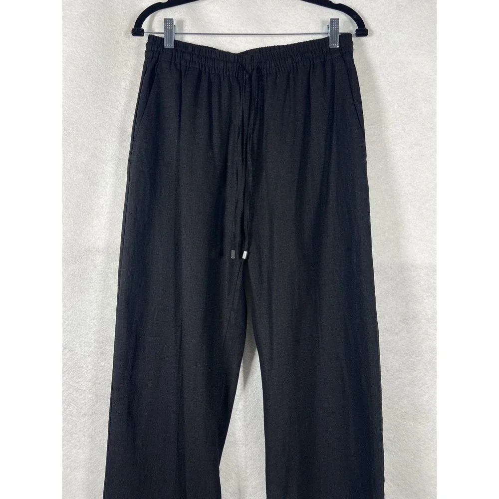 Zara Pants Womens Large Black Straight Leg Drawstring Linen Blend New